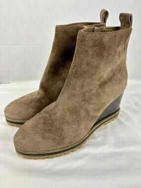 Tory Burch Wedge Boot River Rock Tan Brown Suede 8.5 M Lug Sole